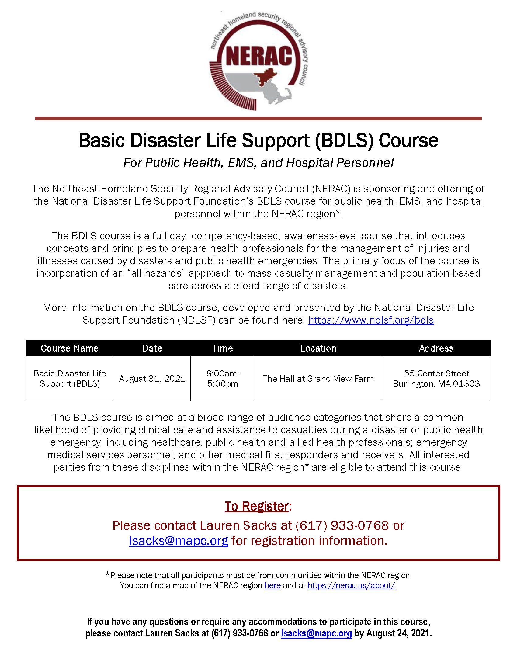 Upcoming Basic Disaster Life Support (BDLS) Course